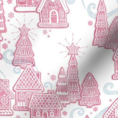 Gingerbread Village Xmas Toile White Small- Christmas Gingerbread House Cookies- Pink- Mint- White- Winter Holiday