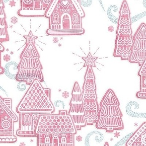 Gingerbread Village Xmas Toile White Small- Christmas Gingerbread House Cookies- Pink- Mint- White- Winter Holiday