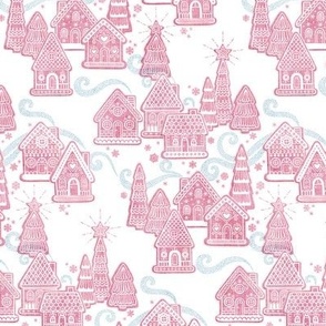 Gingerbread Village Xmas Toile White Mini- Christmas Gingerbread House Cookies- Pink- Mint- White- Winter Holiday