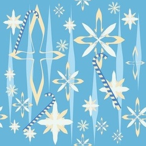 Mid Century Snowflakes and candy canes blue