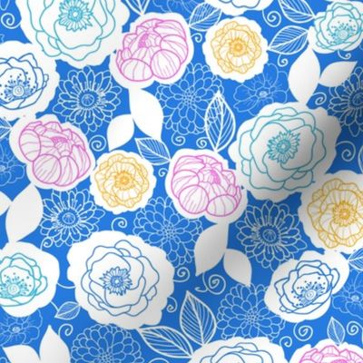 Blue with colors floral fabric repeat pattern