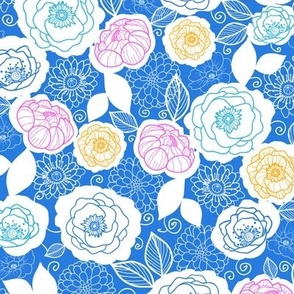 Blue with colors floral fabric repeat pattern