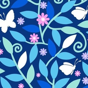 Blue garden and butterflies fabric repeat pattern