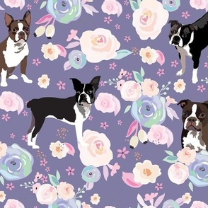 medium  print // Boston terrier dogs pink blue flowers Lainey floral dog pattern 