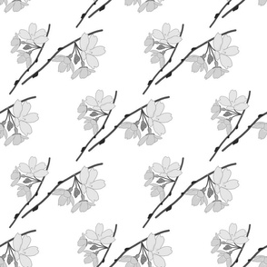 Cherry Blossom Flourish - greyscale on white, medium 