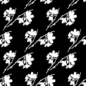 Cherry Blossom Flourish - white silhouettes on black, medium 