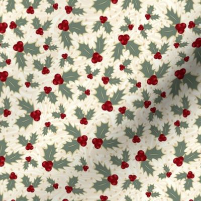 Small Scale - Variegated Holly Leaves and Berries on Caramel Terrazzo and Cream Swirl 