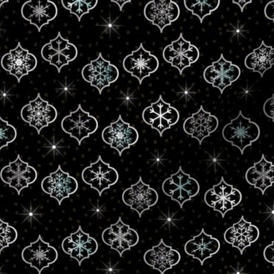 Small Scale - Christmas Winter Moroccan Trellis Ornaments with Snowflakes on Black snowy night with stars