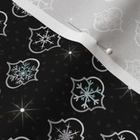 Small Scale - Christmas Winter Moroccan Trellis Ornaments with Snowflakes on Black snowy night with stars