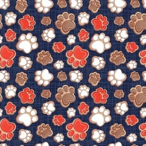 Tiny scale // Pawsome gingerbread // navy blue linen texture background white brown and neon red pet animal paw prints