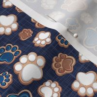 Tiny scale // Pawsome gingerbread // navy blue linen texture background white brown and classic blue pet animal paw prints