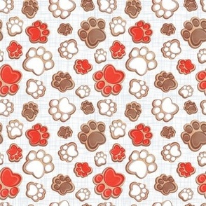 Tiny scale // Pawsome gingerbread // white and grey linen texture background white brown and neon red pet animal paw prints