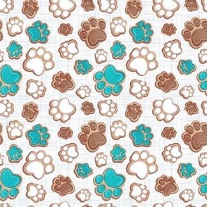 Tiny scale // Pawsome gingerbread // white and grey linen texture background white brown and turquoise pet animal paw prints