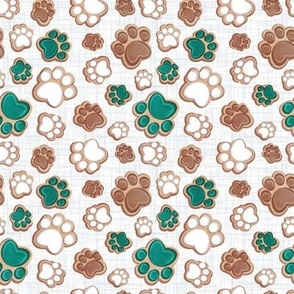 Tiny scale // Pawsome gingerbread // white and grey linen texture background white brown and pine green pet animal paw prints