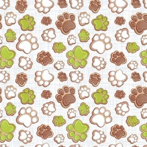 Tiny scale // Pawsome gingerbread // white and grey linen texture background white brown and limerick green pet animal paw prints