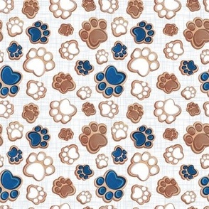 Tiny scale // Pawsome gingerbread // white and grey linen texture background white brown and classic blue pet animal paw prints