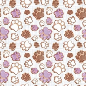 Tiny scale // Pawsome gingerbread // white and grey linen texture background white brown and violet pet animal paw prints