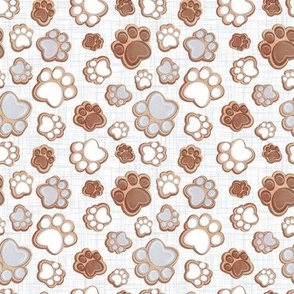 Tiny scale // Pawsome gingerbread // white and grey linen texture background white brown and grey pet animal paw prints