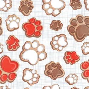 Small scale // Pawsome gingerbread // white and grey linen texture background white brown and neon red pet animal paw prints