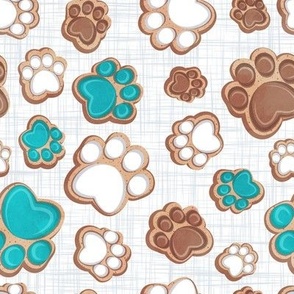 Small scale // Pawsome gingerbread // white and grey linen texture background white brown and turquoise pet animal paw prints