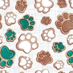 Small scale // Pawsome gingerbread // white and grey linen texture background white brown and pine green pet animal paw prints