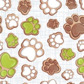 Small scale // Pawsome gingerbread // white and grey linen texture background white brown and limerick green pet animal paw prints