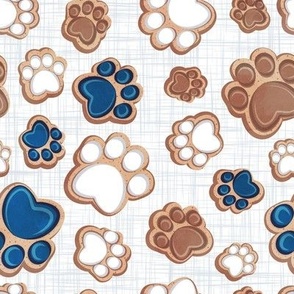 Small scale // Pawsome gingerbread // white and grey linen texture background white brown and classic blue pet animal paw prints