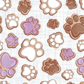 Small scale // Pawsome gingerbread // white and grey linen texture background white brown and violet pet animal paw prints