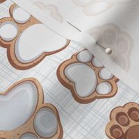 Small scale // Pawsome gingerbread // white and grey linen texture background white brown and grey pet animal paw prints