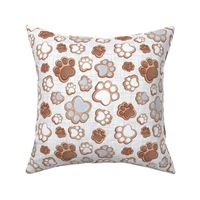 Small scale // Pawsome gingerbread // white and grey linen texture background white brown and grey pet animal paw prints