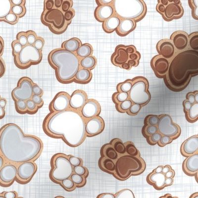 Small scale // Pawsome gingerbread // white and grey linen texture background white brown and grey pet animal paw prints