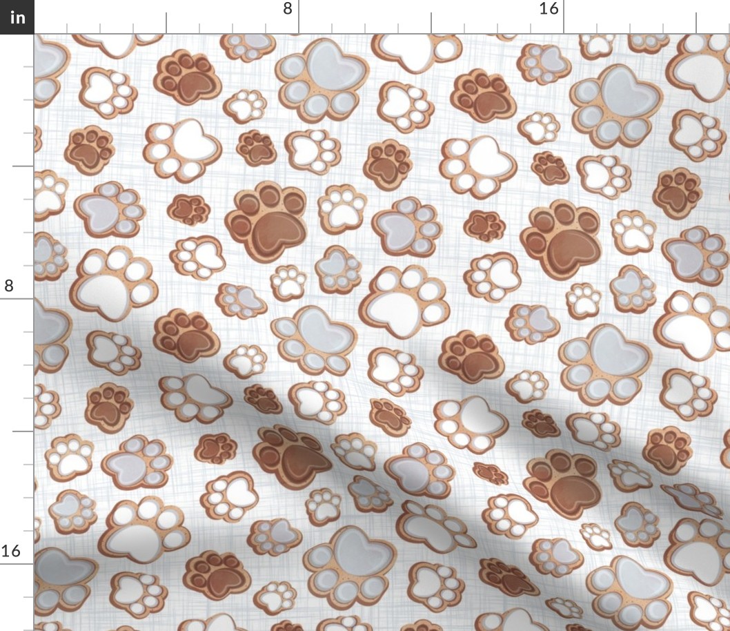 Small scale // Pawsome gingerbread // white and grey linen texture background white brown and grey pet animal paw prints