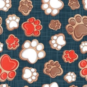 Small scale // Pawsome gingerbread // nile blue linen texture background white brown and neon red pet animal paw prints