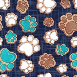 Small scale // Pawsome gingerbread // navy blue linen texture background white brown and turquoise green pet animal paw prints