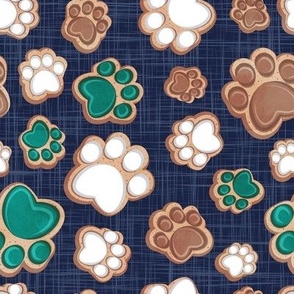 Small scale // Pawsome gingerbread // navy blue linen texture background white brown and pine green pet animal paw prints