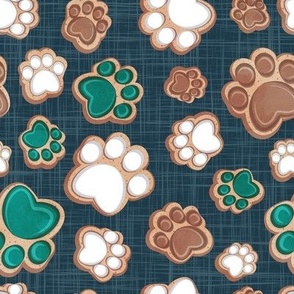 Small scale // Pawsome gingerbread // nile blue linen texture background white brown and pine green pet animal paw prints