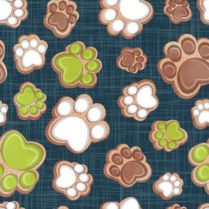 Small scale // Pawsome gingerbread // nile blue linen texture background white brown and limerick green pet animal paw prints