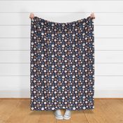 Small scale // Pawsome gingerbread // navy blue linen texture background white brown and classic blue pet animal paw prints