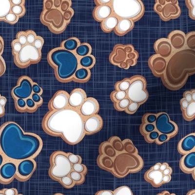 Small scale // Pawsome gingerbread // navy blue linen texture background white brown and classic blue pet animal paw prints