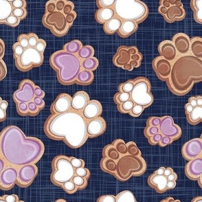 Small scale // Pawsome gingerbread // navy blue linen texture background white brown and violet pet animal paw prints