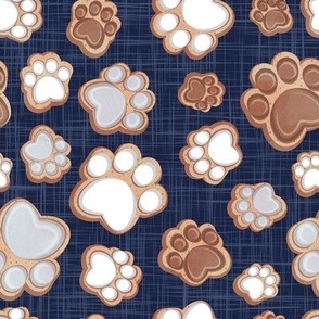 Small scale // Pawsome gingerbread // navy blue linen texture background white brown and grey pet animal paw prints