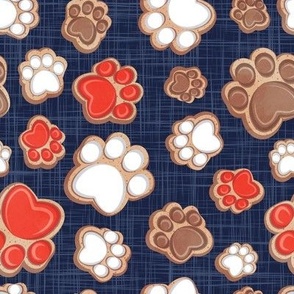 Small scale // Pawsome gingerbread // navy blue linen texture background white brown and neon red pet animal paw prints