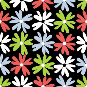 daisies in lime, fog and coral on black