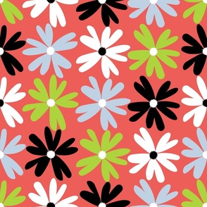 daisy floral in lime and fog on coral