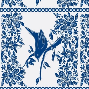 Bird and Floral Stamped, Tea Towel Set up, Navy Blue On Gray