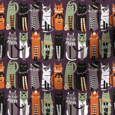 Tiny scale // High Gothic Halloween Cats // beet color background orange brown sage green white and black kittens