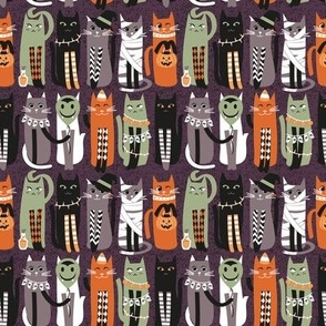 Tiny scale // High Gothic Halloween Cats // beet color background orange brown sage green white and black kittens
