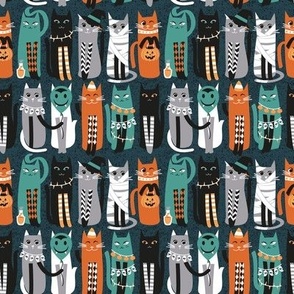 Tiny scale // High Gothic Halloween Cats // pine green background orange grey green white and black kittens
