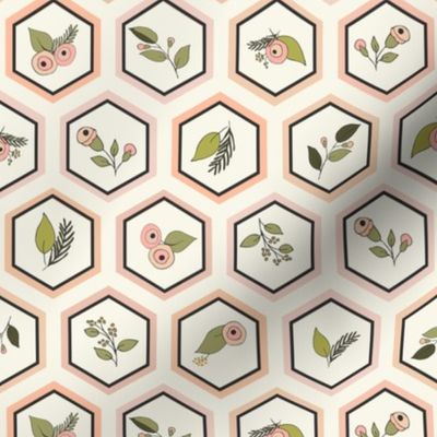 Hexagons with Flowers - Blush, Ivory