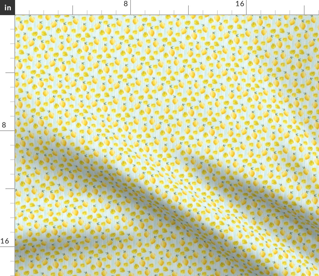 MINI lemon watercolor fabric - watercolor fabric, citrus fruit fabric, lemons fabric, lemon -  mint stripe